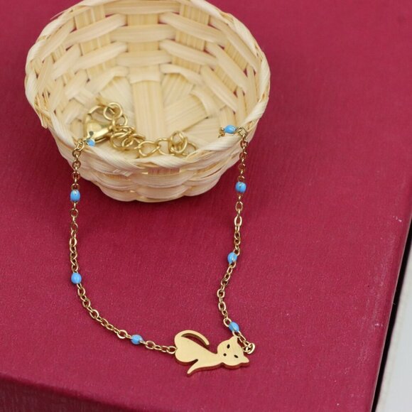 Chic Yellow Gold Cat Bracelet with Blue Beads, XPBL0622 - Picture 10 of 12